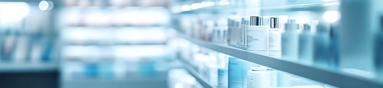Abstract image of a showcase with medicines, cosmetics in a pharmacy. High quality photo