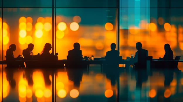 The meeting hall is illuminated by the rays of the setting sun. Colleagues are holding a meeting. High quality photo