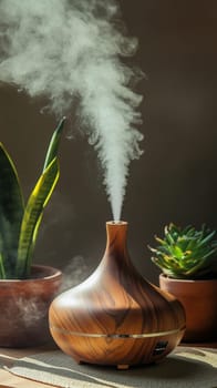 The humidifier in the interior is stylized as a wooden vase. High quality photo