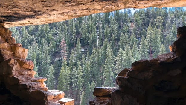 Looking out of an ancient cliff dwelling at a beautiful forest within Walnut Canyon National Monument. The stone dwelling is made of stacked stones - Near Flagstaff, Arizona, USA .