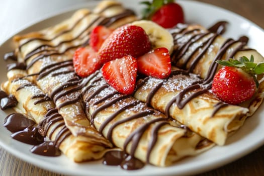 Hot appetizing pancakes on a plate, decorated with chocolate and slices of strawberry and banana. High quality photo