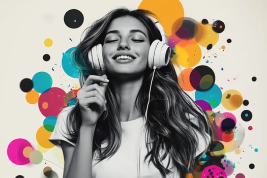 Cute girl listens to her favorite music on headphones and sings. High quality photo