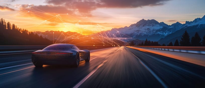 Modern transportation technology concept featuring an autonomous electric car speeding down a highway at sunset, with network connections visible in the sky