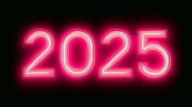 Neon sign glowing pink in dark night, showing 2025. Perfect for new year celebrations, trendy and modern design symbolizing future. Countdown to festive season
