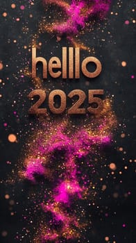 Hello 2025 in gold letters is surrounded by pink and gold glitter on a black background. Perfect for a greeting card or social media post