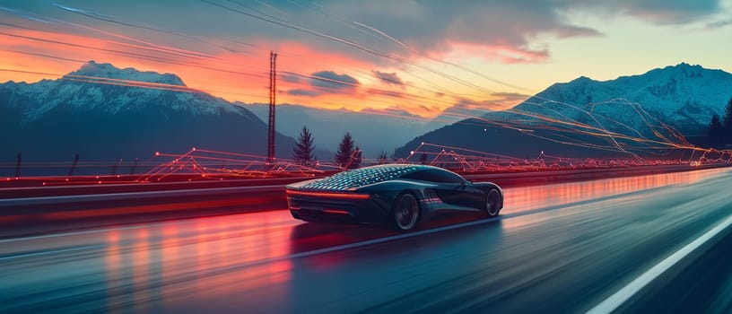 Futuristic autonomous car is speeding on a highway in the mountains with motion blur light trails behind it at sunset