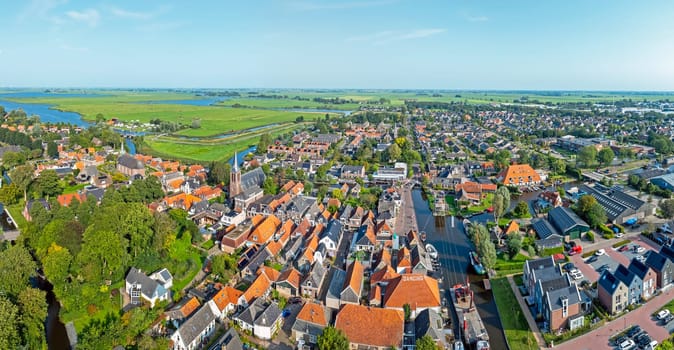 Aerial panorama from the historical town Heeg in Friesland the Netherlands