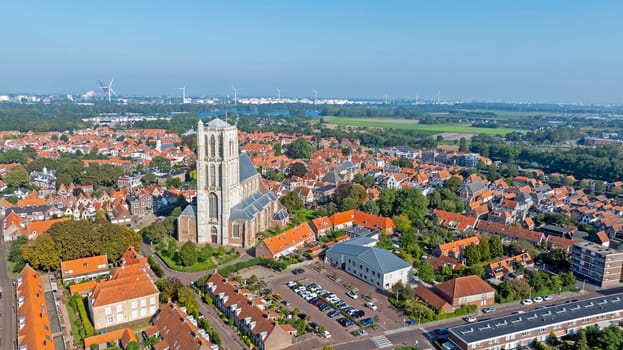 Aerial from the historical town Brielle near Rotterdam in the Netherlands