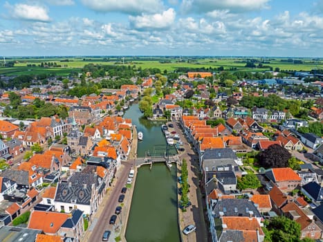 Aerial from the historical town Makkum in Friesland the Netherlands