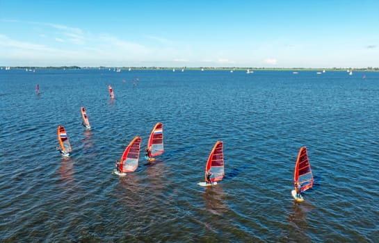 Aerial from wind foiling on the Heeger Meer in Friesland The Netherlands