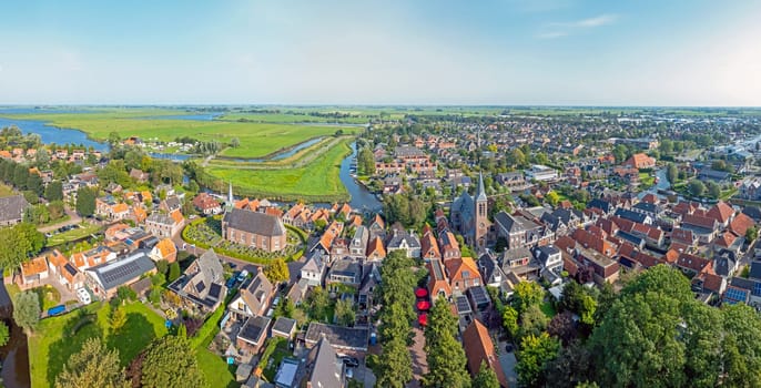 Aerial panorama from the historical town Heeg in Friesland the Netherlands
