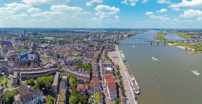 Aerial panorama from the historical city Nijmegen at the river Waal in the Netherlands