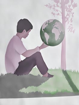 Boy sits under a tree holding a globe, showing care for the environment and promoting sustainability