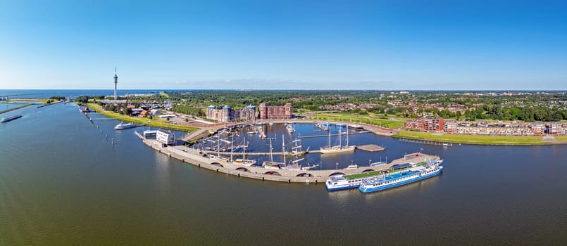 Aerial panorama from the city Lelystad at the IJsselmeer in the Netherlands