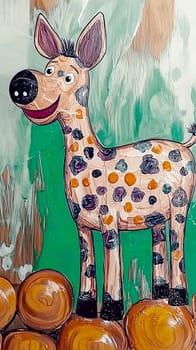 Smiling giraffe stands on logs in a jungle, perfect for kids' books and wall art