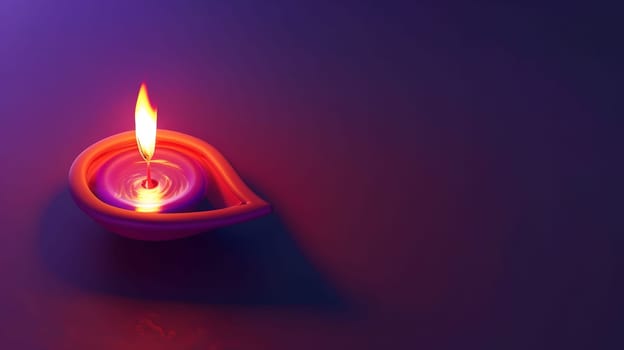 A single diya, a traditional Indian oil lamp, glows brightly on a dark purple background, symbolizing the celebration of Diwali, the festival of lights.