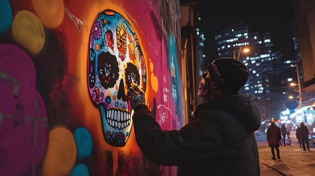 A street artist paints a vibrant sugar skull mural on a city wall at night. The colorful artwork contrasts with the dark background, creating a striking visual