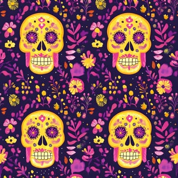 A colorful and vibrant pattern featuring sugar skulls surrounded by floral elements, celebrating the Day of the Dead.