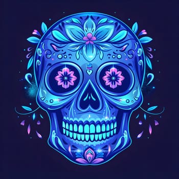 A blue and pink sugar skull with intricate floral decorations. The skull is glowing with a neon effect and set against a dark background.