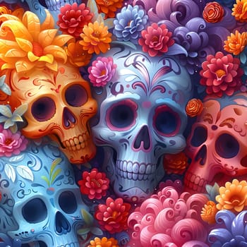 Colorful sugar skulls with floral decorations, vibrant illustration, digital art, day of the dead theme, Mexican culture.