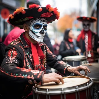 A man wearing a traditional Day of the Dead skull makeup plays a drum during a celebration in Mexico.