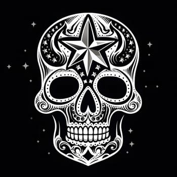 A white sugar skull design on a black background, with a star on top.