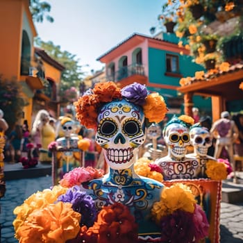 A colorful sugar skull, a symbol of the Day of the Dead, with a floral crown in a festive setting. The skull is painted with intricate designs and smiling. It is surrounded by flowers and other decorations.