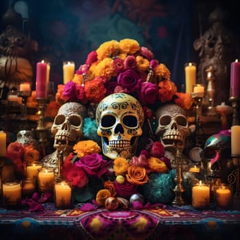 A Day of the Dead altar decorated with skulls, flowers, and candles. The colors and imagery are beautiful and vibrant, creating a unique and powerful aesthetic.