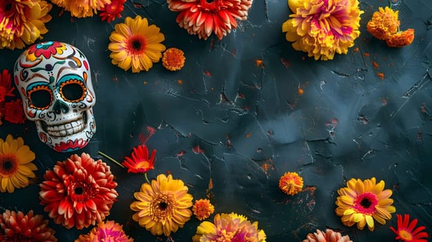 A colorful sugar skull surrounded by vibrant flowers against a dark background, symbolizing the Day of the Dead tradition.