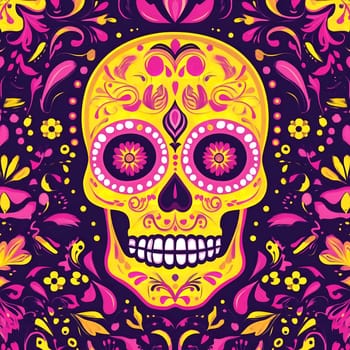 An illustration of a colorful sugar skull on a floral background for the day of the dead. The skull is decorated with intricate patterns and flowers.
