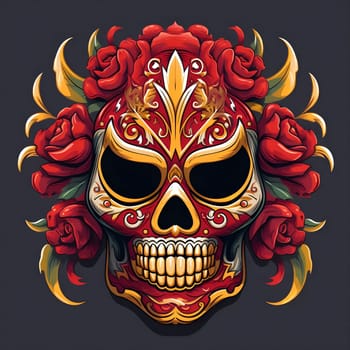 A beautifully ornate sugar skull decorated with red roses and gold accents, celebrating the Day of the Dead tradition.