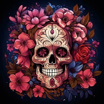 A sugar skull adorned with intricate details is surrounded by vibrant flowers, creating a captivating and symbolic image.
