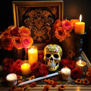 A Day of the Dead still life featuring a sugar skull, candles, and orange flowers.