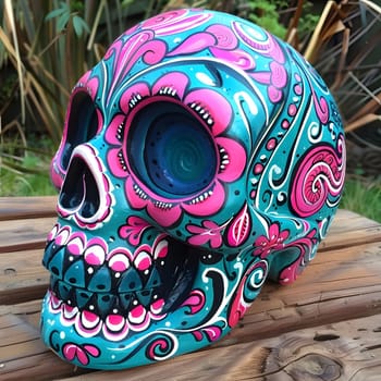 Colorful sugar skull decoration, with intricate patterns and floral details