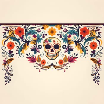 A colorful and intricate floral design featuring a sugar skull, perfect for Day of the Dead celebrations and decorations.