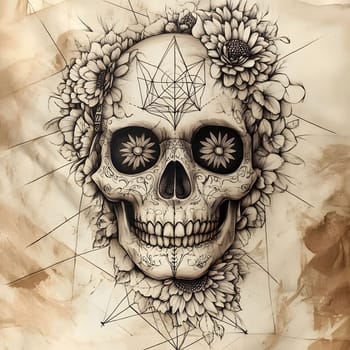 A detailed black and white drawing of a sugar skull with a floral crown.