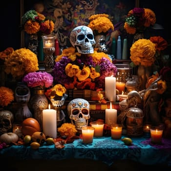 A Day of the Dead altar decorated with sugar skulls, candles, marigolds, and other traditional offerings.