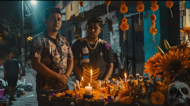 Two men stand in front of a Day of the Dead altar, lit by candles and decorated with flowers and a skull.