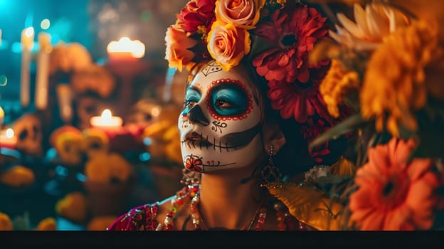 A woman with traditional Day of the Dead makeup, wearing a flower crown and colorful jewelry.