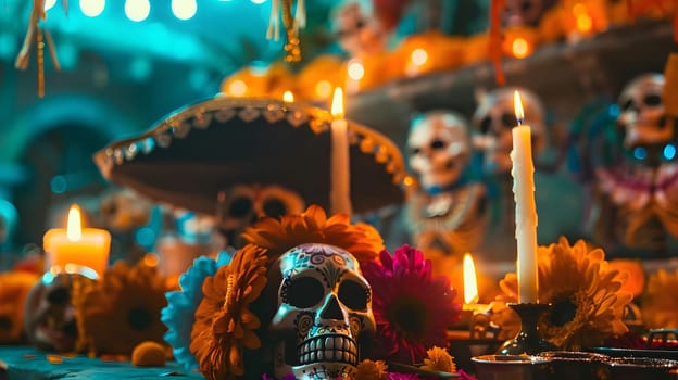 A close-up shot of a Day of the Dead altar featuring a sugar skull surrounded by candles and flowers. The altar is decorated with traditional Mexican elements, creating a vibrant and meaningful display.