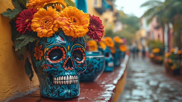 A colorful ceramic sugar skull decorated with flowers, a traditional decoration for the Day of the Dead celebration in Mexico.