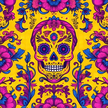A colorful and intricate pattern featuring a sugar skull surrounded by vibrant flowers and swirls.