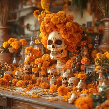 A sugar skull decorated with marigolds sits on an altar surrounded by other flowers and skulls, a traditional decoration for the Day of the Dead celebration in Mexico.