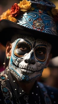 A close up portrait of a person with Day of the Dead makeup.