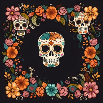 A colorful floral frame with sugar skulls for a festive Day of the Dead design.