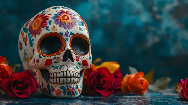 A beautifully decorated sugar skull surrounded by roses. The skull is a symbol of the Day of the Dead, a Mexican holiday celebrating life and death.