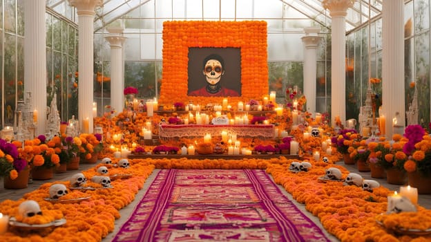 A vibrant and colorful altar set up for the Day of the Dead celebration, featuring traditional decorations like marigolds, candles, skulls, and an offering for the departed.