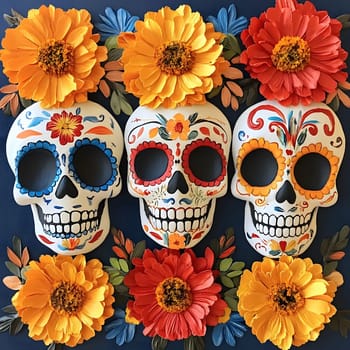 Three colorful sugar skulls on a dark blue background with bright floral decorations.