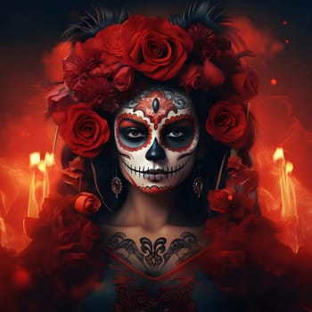 A digital portrait of a woman in a day of the dead makeup, adorned with flowers