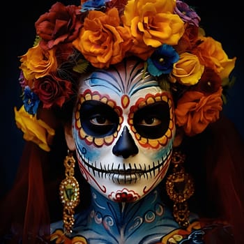 A woman wearing traditional Day of the Dead makeup with a sugar skull design.